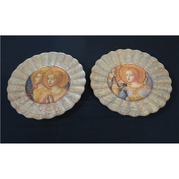Qty 2 Lesley Roy Hand Illuminated Renaissance Minstrel Angels Fluted Plates in 24kt Gold 12" dia