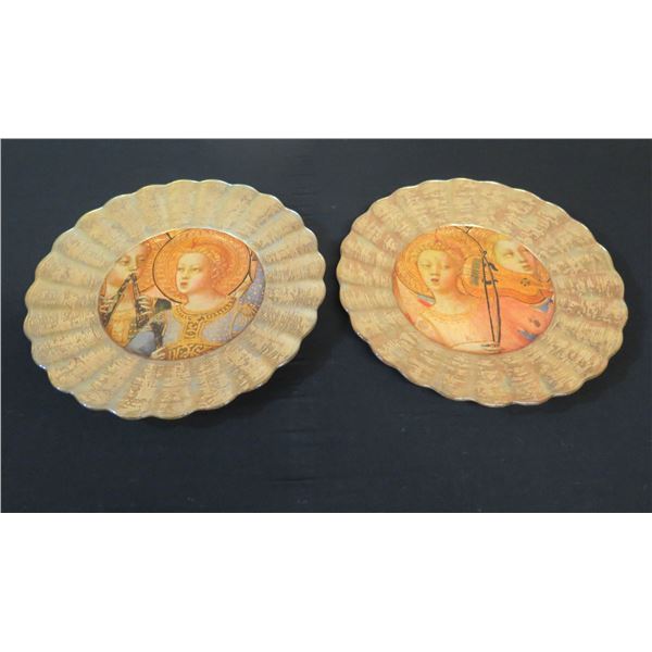 Qty 2 Lesley Roy Hand Illuminated Renaissance Minstrel Angels Fluted Plates in 24kt Gold 12" dia