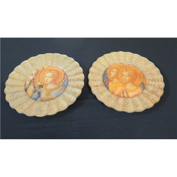 Qty 2 Lesley Roy Hand Illuminated Renaissance Minstrel Angels Fluted Plates in 24kt Gold 12" dia