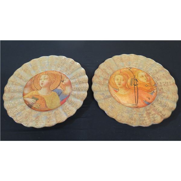 Qty 2 Lesley Roy Hand Illuminated Renaissance Minstrel Angels Fluted Plates in 24kt Gold 12" dia