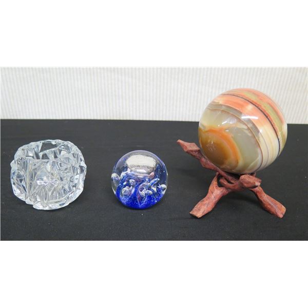 Decorative Glass Balls, Natural Stone Ball & Multi-Faceted Candle Holder w/ Display Stand