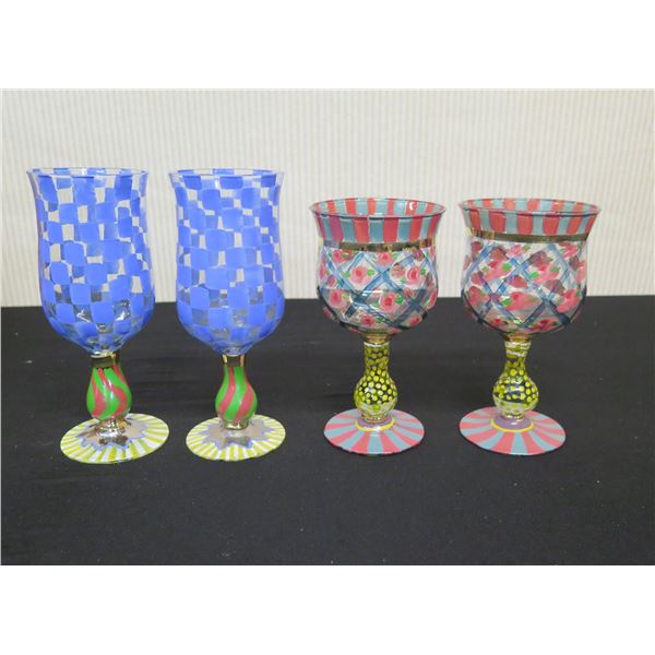 Qty 4 Victoria & Richard MacKenzie-Childs Stemmed Glass Goblets, Misc Sizes