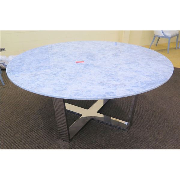 Very Large Marble-Top Round Table, Gray/White, Chrome Base, 68" Dia.