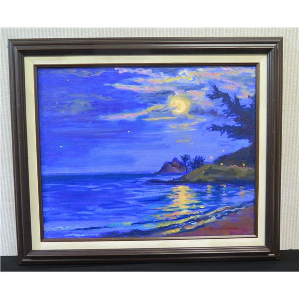 Original Painting on Canvas, Moonlit Ocean, Signed by Artist WB Wayne Christiansen, 25" x 21"