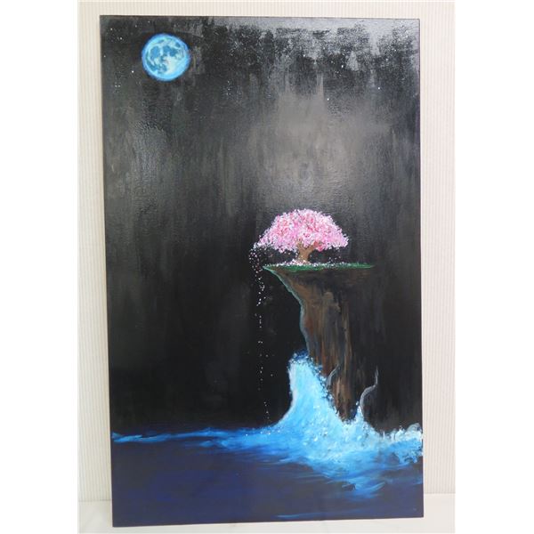 Cherry Moon Acrylic Painting on Canvas w/ Overlay by Raven O Kaapuni, Unframed 30" x 48"