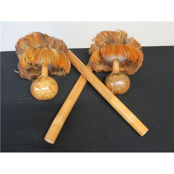 Qty 2 Hula Uli'Uli & 2 Puili Bamboo Dance Sticks 20"L