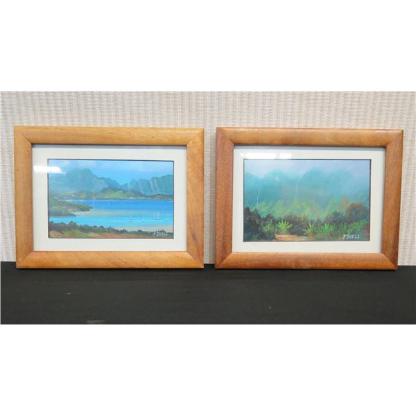 Qty 2 Paintings on Canvas, Oceanscapes by Artist Patrick Dowell, Koa Wood Framed 8" x 6.5"