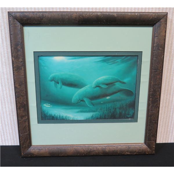 Manatee Art on Ceramic Tile by Wyland, Framed 14" x 14"