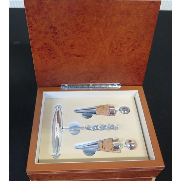 Wine Corkscrew Set in Wooden Hinged Box 7" x 5.5" x 2.5"