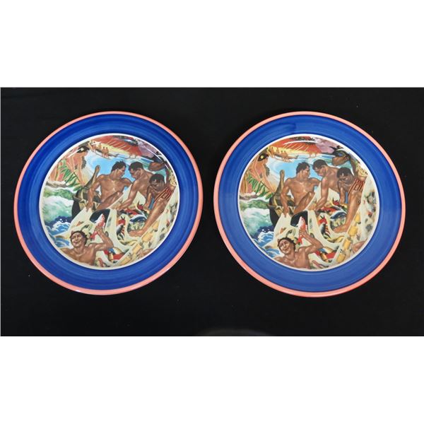 Qty 2 Matson Navigation Plates, Art by Eugene Savage 11" Dia, Lynn Krantz Hawaiiana Ware