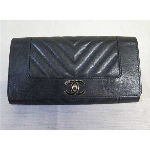 Chanel Black Gusset Flap Wallet w/ Tag & COA 8" x 4"