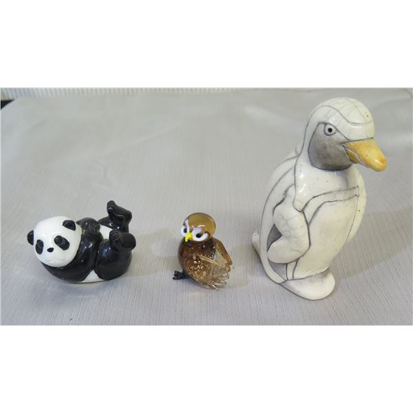 Qty 3 Figurines: Penguin Made in Africa, Owl & Panda Bear, Misc Sizes