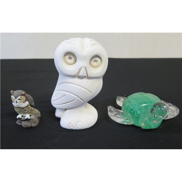 Qty 3 Figurines: 2 Owls & Turtle, Misc Sizes