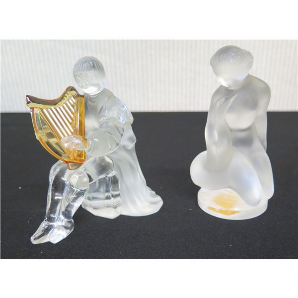 Qty 2 Lalique Cristal Paris Frosted Glass Angel Figurines, Misc Sizes
