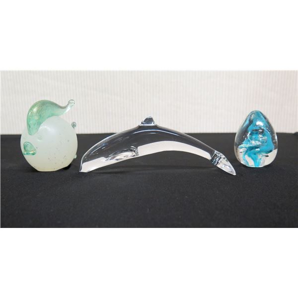 Qty 3 Figurines: Baccarat Dolphin, Fish w/ Maker's Tag & Egg, Misc Sizes
