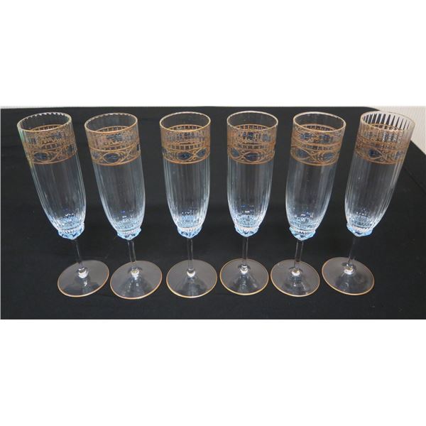Qty 6 Stemmed Champagne Flutes w/ Floral Design 9"H