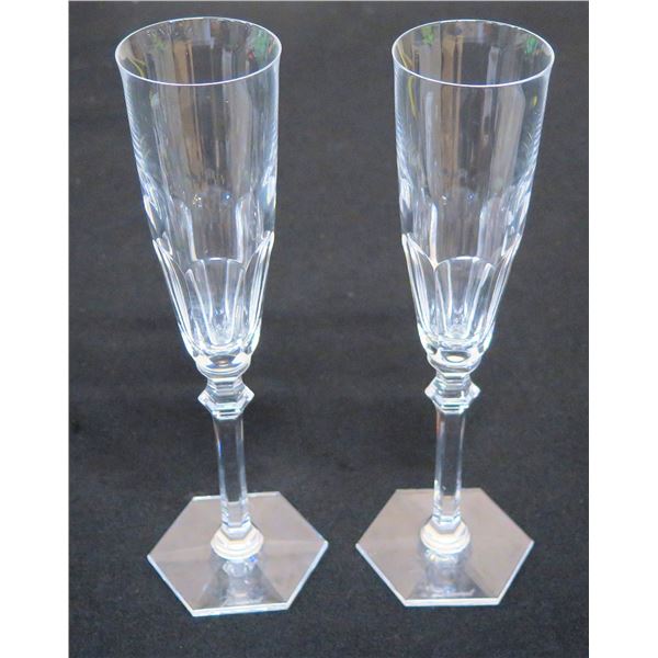 Qty 2 Stemmed Baccarat Champagne Flutes on Hexagon Base 9.5"H