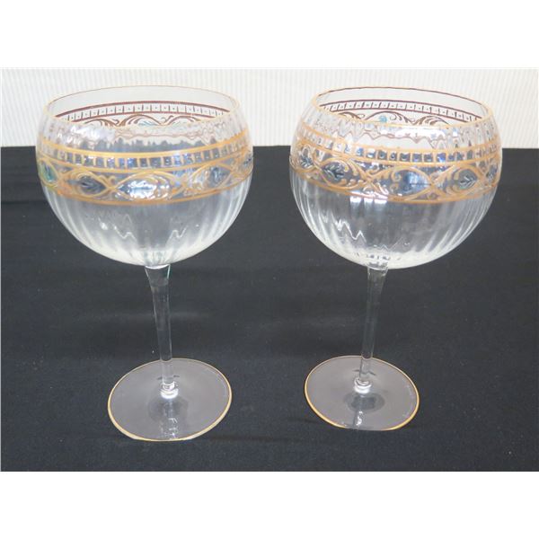 Qty 2 Stemmed Wine Goblets Signed by Artist 4"dia, 9"H