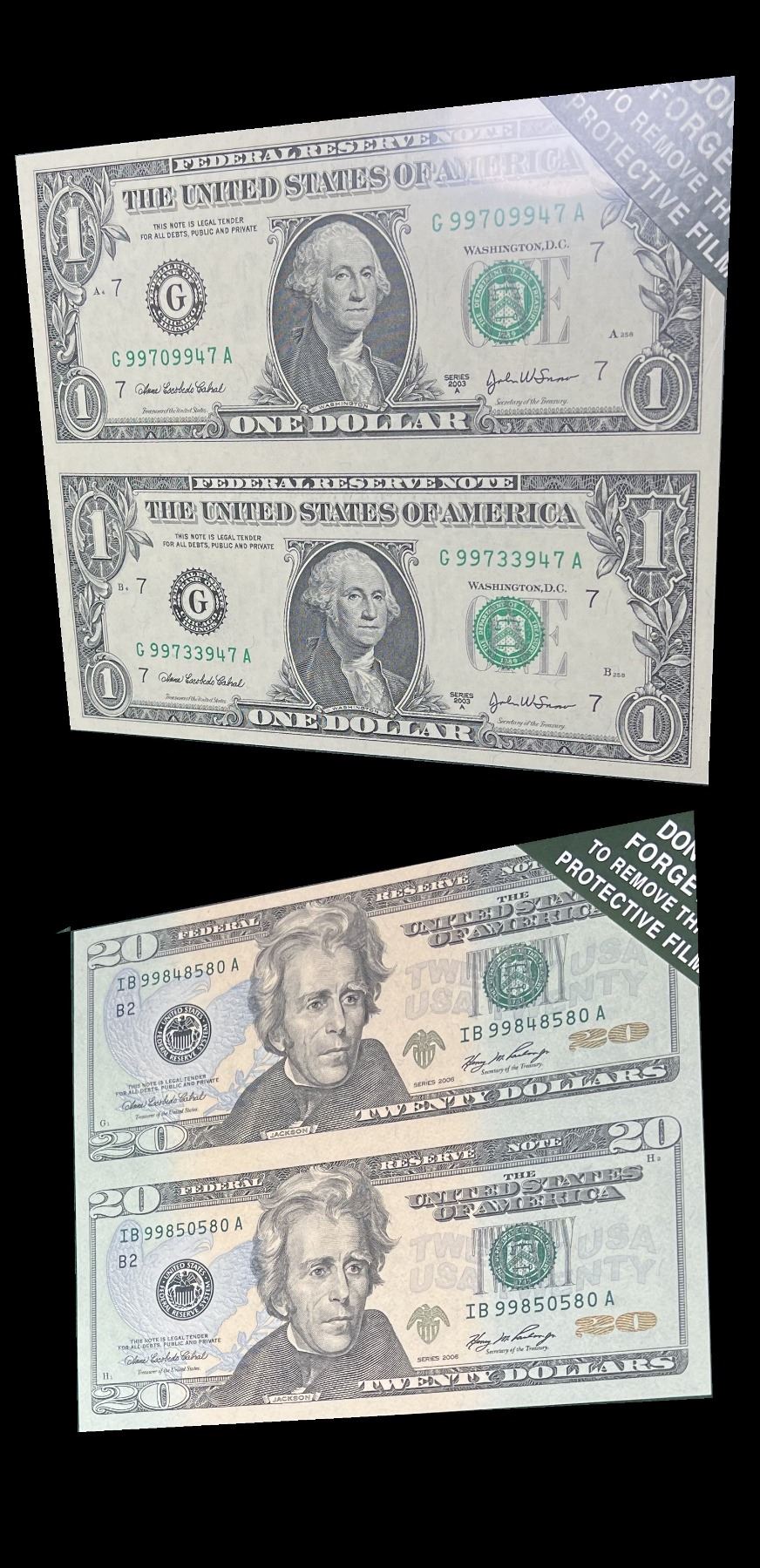United States Set of Uncut Note Pairs, $1 to $20