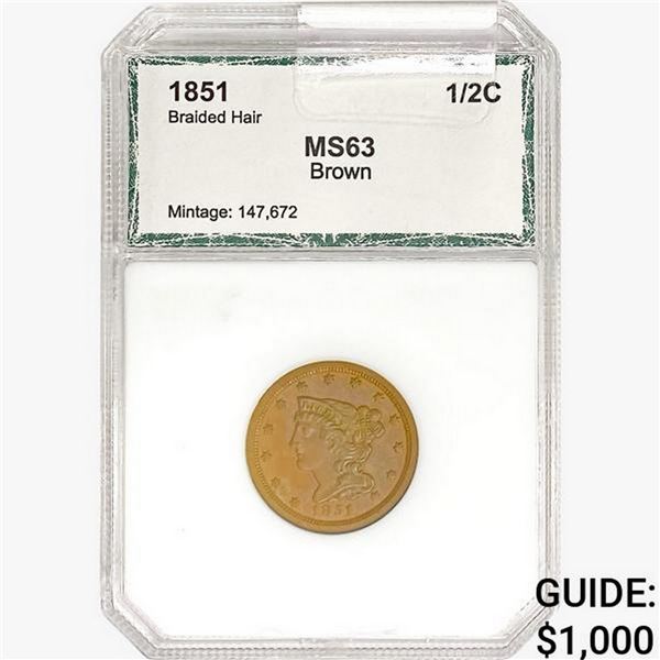 1851 Braided Hair Half Cent PCI MS63 Brown