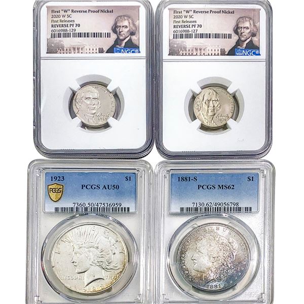1881-2020 [4] 2 5C, 2 Silver $1 NGC/PCGS