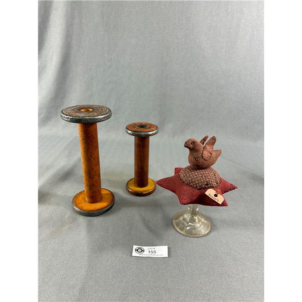 Collectible Barbara Stein (Ohio) Whimsical Folk Art Pinkeep & Antique Wood Bobbins