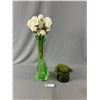 Image 1 : MCM  Swung Green 6 Finger Vase Art Glass - 12" X 3.5" & Large Fenton Daisy & Button Avocado Green Gl