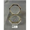 Image 2 : Vintage Crystal Cut Glass Casket Keepsake Jewelry  Vanity Box Rare Octagonal Shape Brass - Heavy App