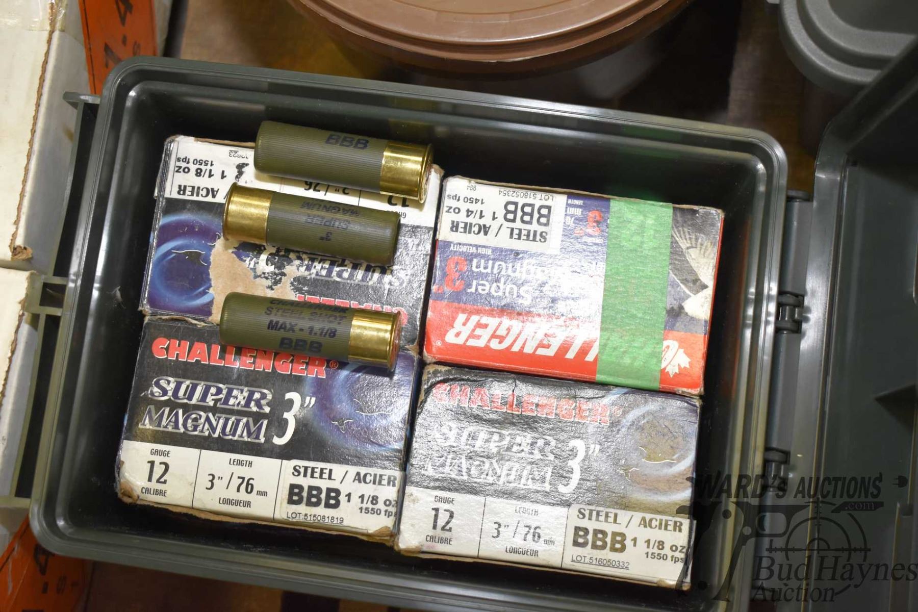Count Boxes Plastic ammo box containing four 25 count boxes of Challenger 12 GA 3