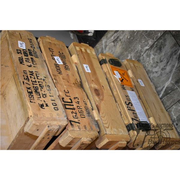 Five wooden ammo boxes