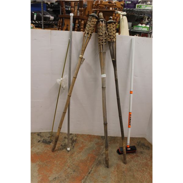 * Lot: (3) Tiki Tiki Torches, (2) Curtain Rods, 8-Ender Curling Broom