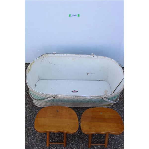 ** (2) Nev Co. Folding Wooden Children's Stools & Antique Redman Bassinet - Some Wear - 33" Long
