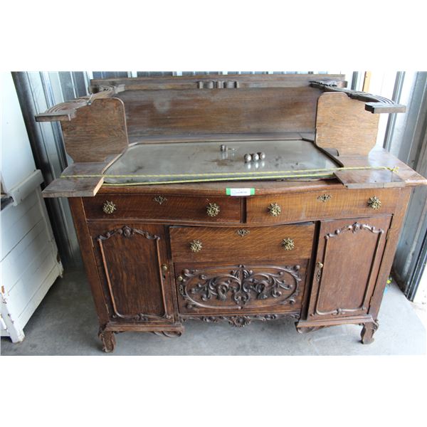 ** Antique Oak Turn of the Century Buffet w/Top Mirrored Hutch (Needs Repair) & Original Metal Casto