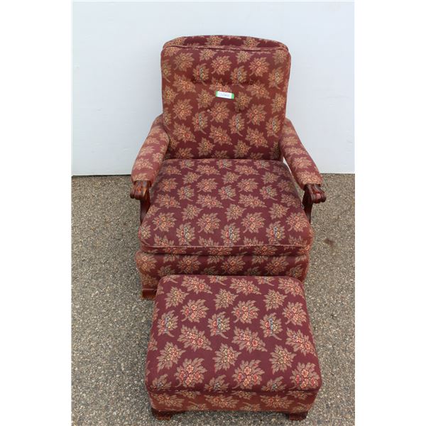 ** Antique Upholstered Arm Chair & Stool - Some Wear