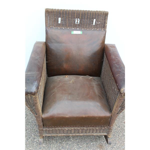** Antique Leather & Wicker Rocking Chair