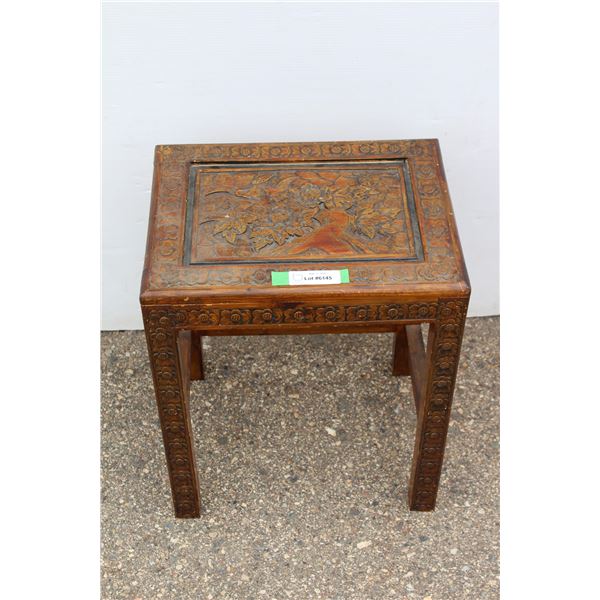 ** Asian Wood Engraved End Table - 17" x 13" x 21"