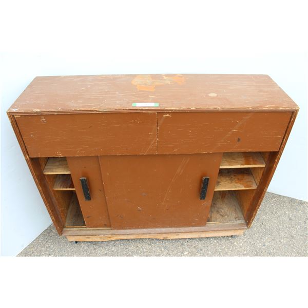 ** Custom Built Sliding Door Cabinet w/Wheels & Two Drawers