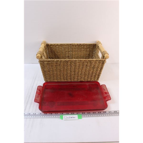 Wicker Basket - 15" x 7" x 9" & Red Melamine Serving Tray (Has Crack)