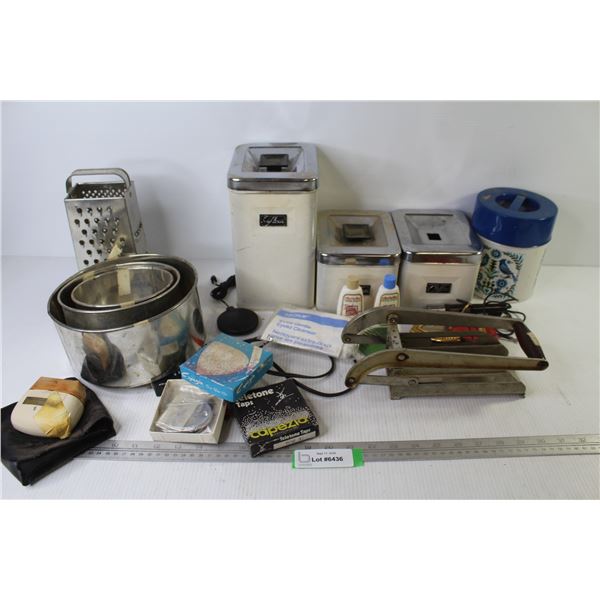 Vintage Metal Cannisters - Microphone - Taps For Shoes - Grater - French Fry Cutter - Misc. Items