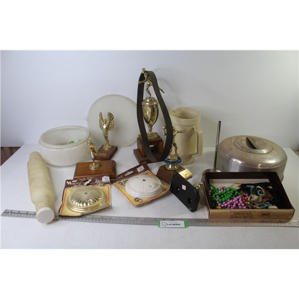 Ceiling Light Bases (NIB) - Glass Light Shade - Assorted Trophies - Misc. Items