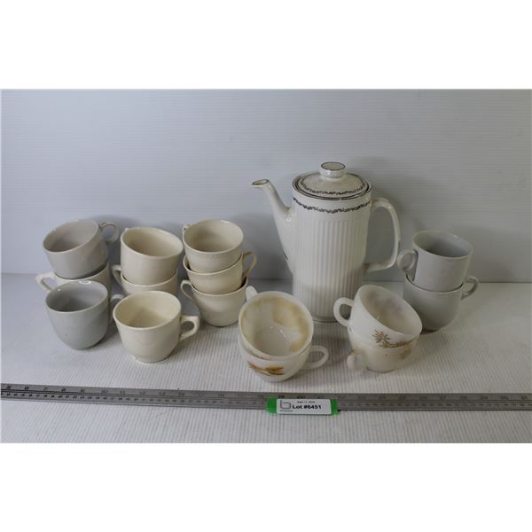 Ceramic Coffee Pot - Assorted Cups - (4) Fire King Cups