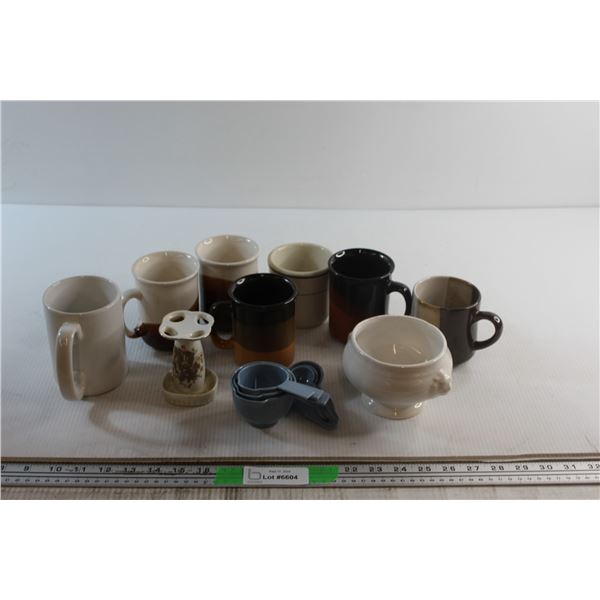 (7) Assorted Mugs, Measuring Cups and Assorted Items