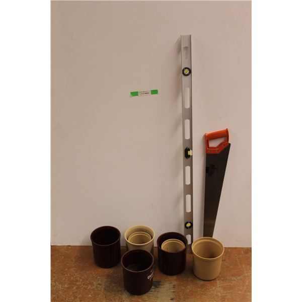(7) Planters, Construction Level and Sandvik Handsaw 28''