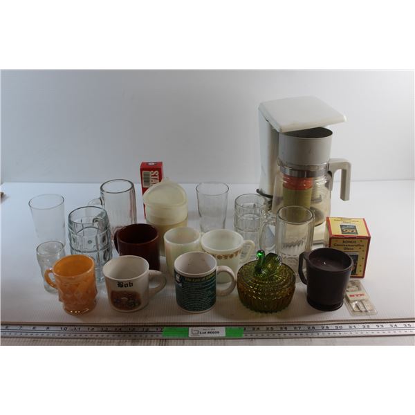 Powdered Jar, Coffee Maker, Tupperware Cup and Assorted Cups & Mugs