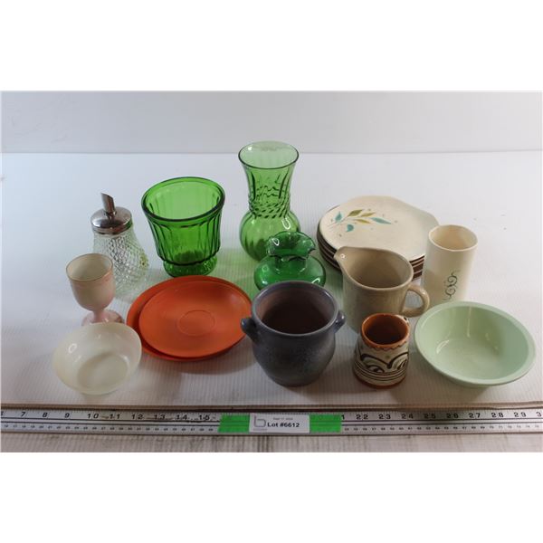 Vases, Sugar Dispenser and Assorted Plates & Bowls