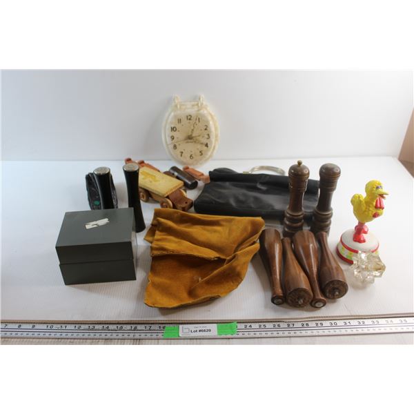 (2) Salt & Pepper Shakers, Johnny Wall Clock, Purse, Storage Box and Assorted Items