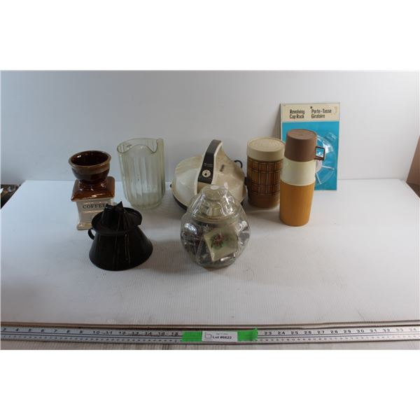 Black & Decker Electric Tea Kettle, (2) Thermoses, Tobacco Jar and Assorted Items