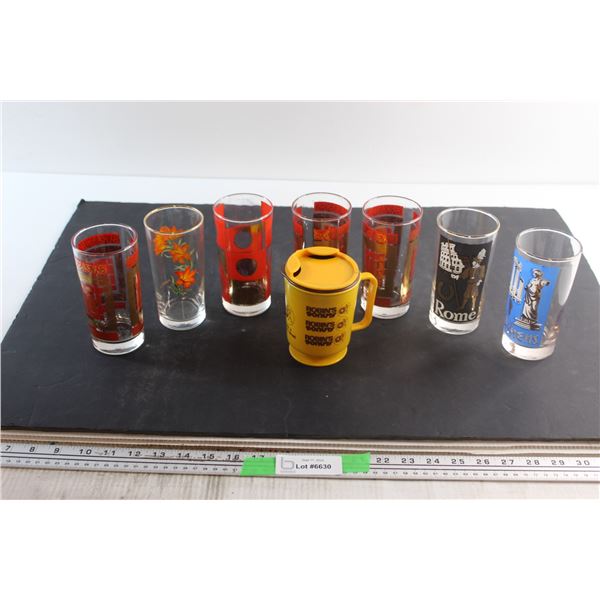 (7) Collectible Glasses and Robin's Donuts Cup