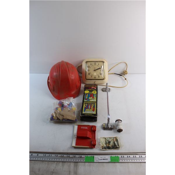Vintage Electric Monarch Clock, Hard Hat, Puzzle, Towel Rack and Assorted Items