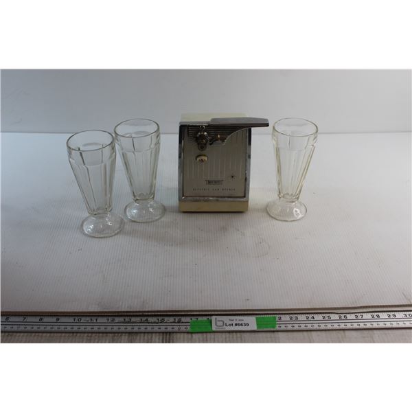 Baycrest Electric Can Opener - Untested and (3) Milkshake Glasses